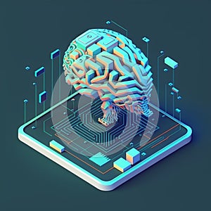 Isometric illumination of robotic human brain with detailed circuits. Concept art of artificial intelligence, machine learning,