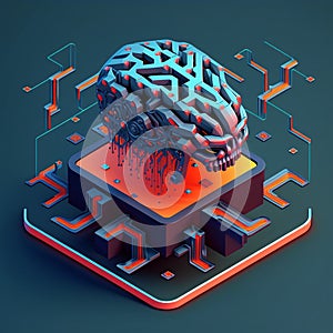 Isometric illumination of robotic human brain with detailed circuits. Concept art of artificial intelligence, machine learning,