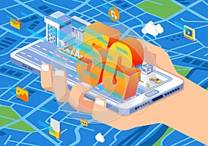 Isometric illustration of 5G connection technology used in phone for any need, accesing everyting on the in the internet become