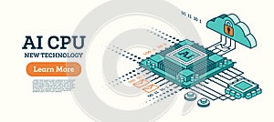 Isometric illustration of AI CPU technology with binary code, cloud storage, and secure data flow. Concept of artificial