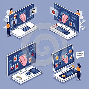 Isometric illustration of AI-generated interfaces on large computer