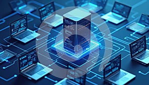 Isometric illustration AI server with laptops connected via wireless cloud. Data processing tech, secure networking, remote access