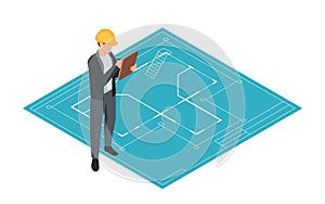 An isometric illustration of an architect with a clipboard on a blueprint background, symbolizing project planning