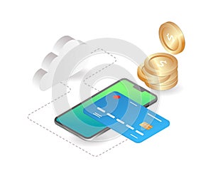 Isometric illustration of atm card cloud server data connection