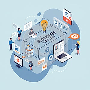 Isometric illustration of a blockchain voting system. Central cube labeled 