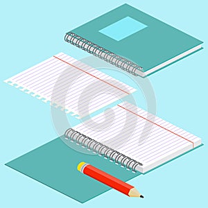 Isometric illustration on a blue background with the image of notebook, pencil, open spiral notebook and lined paper. Vector illus