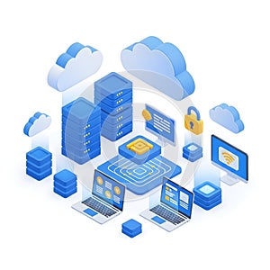Isometric cloud computing network servers laptops and security padlock data center technology