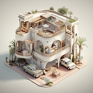 Isometric illustration of a bunglow house based on Arabic and Greece architecture.