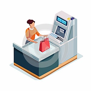 Customer at Automated SelfCheckout Kiosk