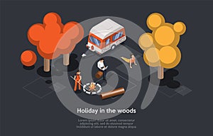 Isometric Illustration In Cartoon 3D Style. Vector Composition On Dark Background. Holiday In The Woods Concept