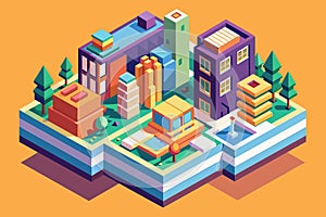 Isometric illustration of a city filled with buildings and trees under a clear sky, Metaverso Customizable Isometric Illustration photo