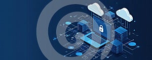 Isometric illustration of cloud computing with data security and analytics elements