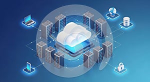 Isometric illustration of cloud computing infrastructure with servers and data centers