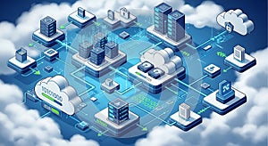 Isometric illustration of cloud computing network with servers and data storage systems linked