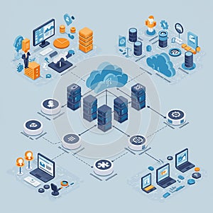 Isometric illustration of a cloud computing network, showing interconnected servers