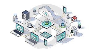 An isometric illustration of a cloud computing network with various devices connected