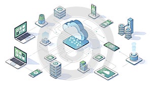 An isometric illustration of a cloud computing network with various devices connected