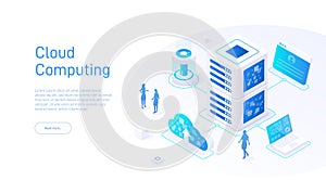 Isometric illustration of cloud computing. Perfect for engineering events. Cloud technology. Big data analysis. Server