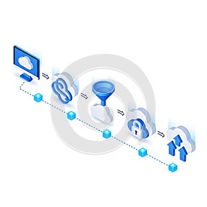 Isometric cloud computing process flow diagram with data icons data flow technology