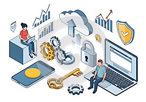 Isometric Illustration of Cloud Computing, Security, and Technology Integration