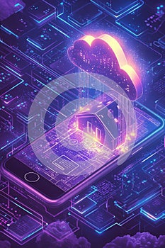 Isometric illustration of cloud computing and smartphone technology