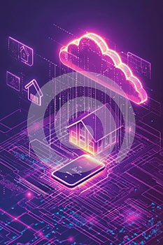 Isometric illustration of cloud computing and smartphone technology