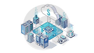 An isometric illustration of a cloud computing system with servers and data storage