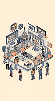 Isometric illustration of a collaborative team working on data analysis and digital workflow