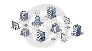 An isometric illustration of a complex network of interconnected computer servers and devices
