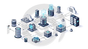 An isometric illustration of a complex network of interconnected servers and data storage devices
