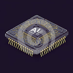 Isometric illustration of a computer microchip representing AI technology. The chip