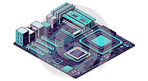 Isometric illustration of a computer motherboard featuring various components