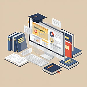 An isometric illustration of a computer workspace with educational elements.