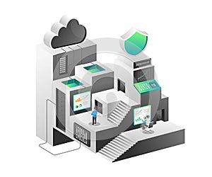 Isometric illustration concept. Building cloud data server network