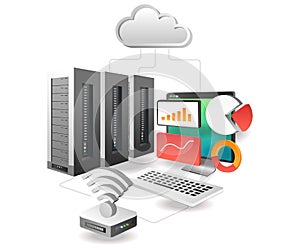 Isometric illustration concept. Cloud server analysis network