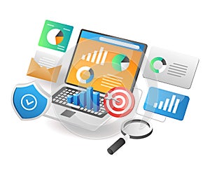 Isometric illustration concept. Data analysis security network