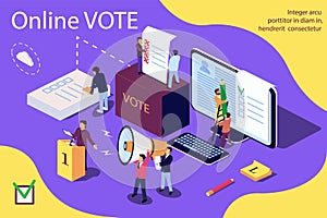 Isometric illustration concept. Group of people give online vote and putting papper vote in to the vote box.