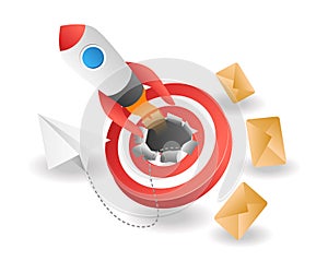 Isometric illustration concept. rocket launch digital email marketing strategy