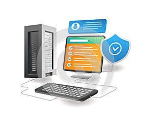 Isometric illustration concept. Server data maintenance analysis