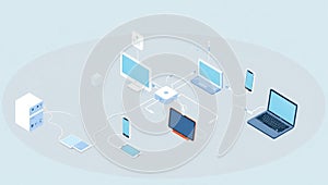 Isometric illustration of a connected digital network of devices