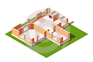 Isometric illustration of a construction site with unfinished walls, concept of architecture. Isometric vector