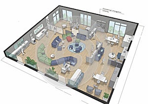 Isometric illustration of a contemporary office interior featuring an open-plan layout.