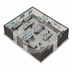 Isometric illustration of a control room with multiple workstations equipped with photo