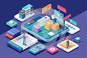 Isometric illustration of customizable mobile UI UX design elements with user interaction across devices, Mobile ux Customizable