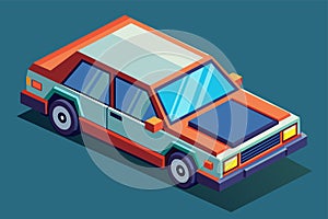 Isometric illustration of a customized orange and blue car standing out against a blue backdrop, Custom car Customizable Isometric