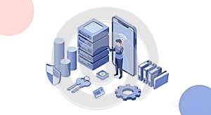 Isometric illustration of data security and protection with server and smartphone