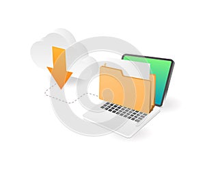 Isometric illustration of data upload process computer cloud server concept