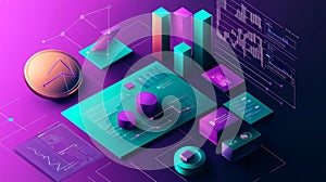 Isometric illustration of data visualization, charts, and graphs