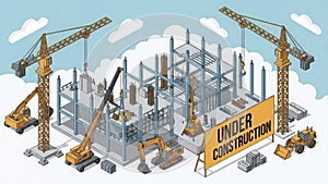 Isometric Construction Site with Cranes and Building Under Construction