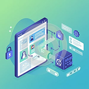 Isometric illustration depicting a digital interface with user profiles and content